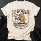 T-shirt with capybara on treadmill drinking from cup, "Out of Breath Cardio Society" text.
