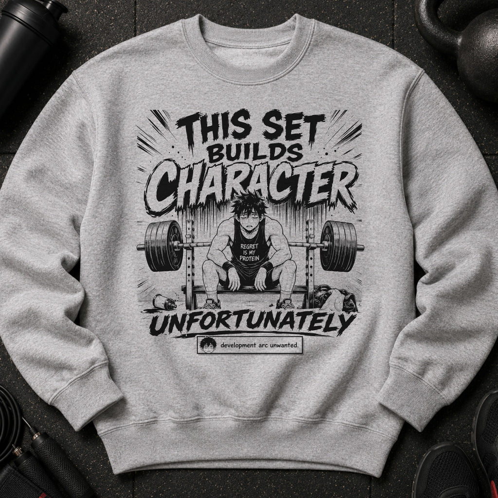 Gray sweatshirt with black graphic of anime character lifting weights.