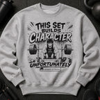 Gray sweatshirt with black graphic of anime character lifting weights.
