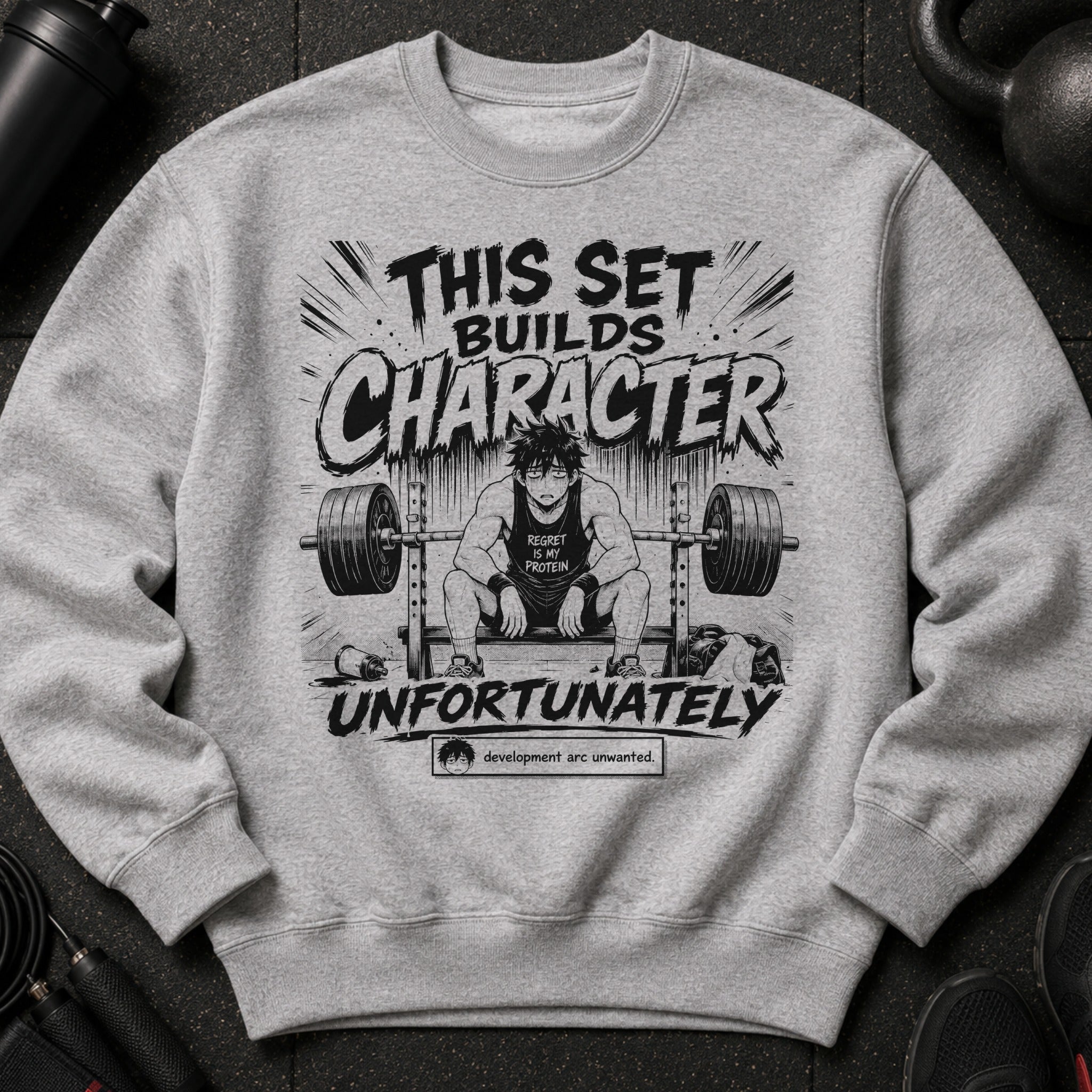 Gray sweatshirt with black graphic of anime character lifting weights.