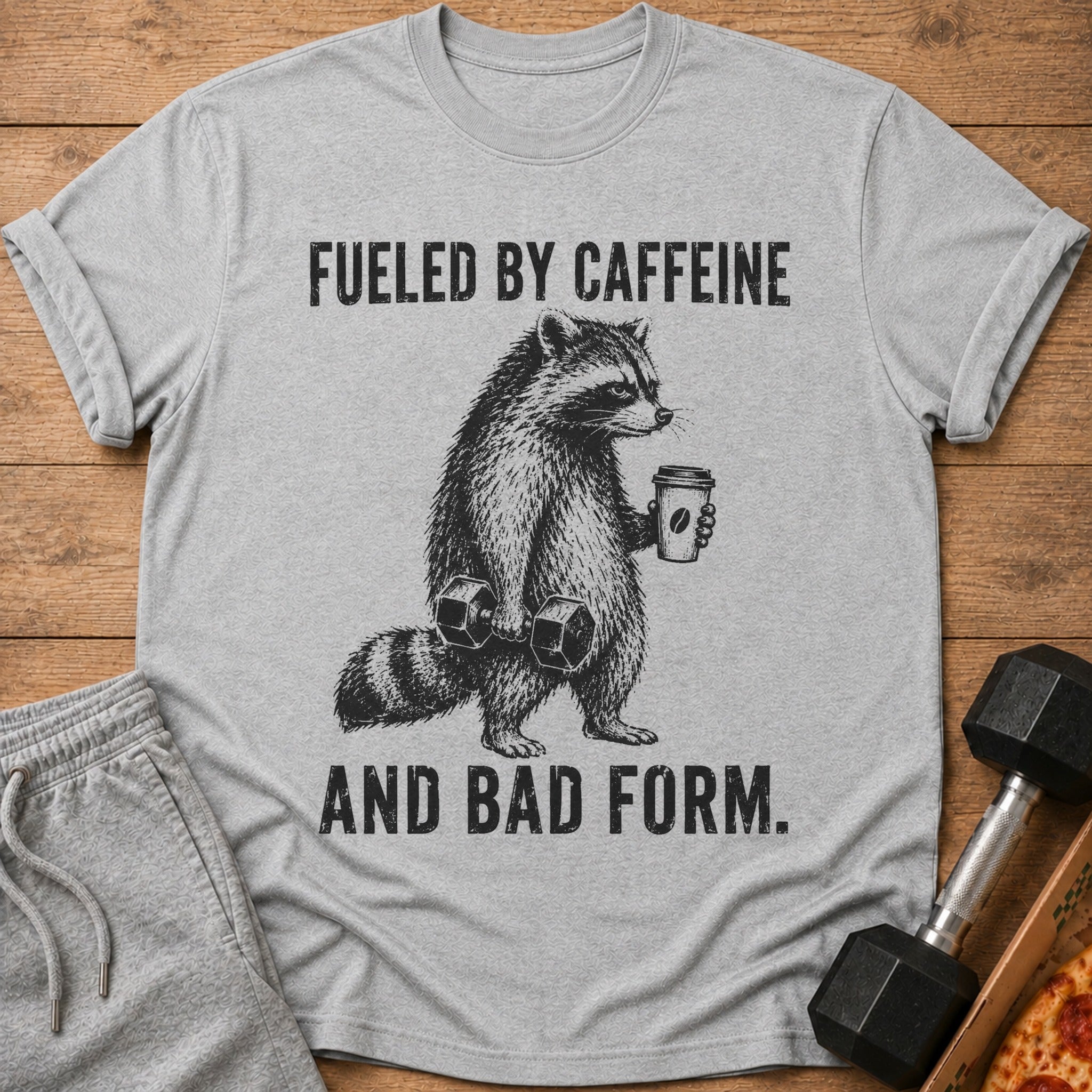 Gray t-shirt with raccoon lifting dumbbell and holding coffee cup, text reads "Fueled by Caffeine and Bad Form."