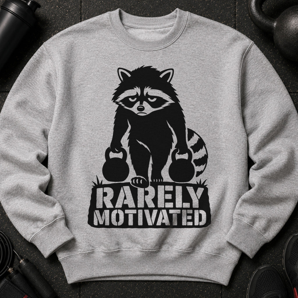 Raccoon lifting weights with "RARELY MOTIVATED" text on gray sweatshirt.