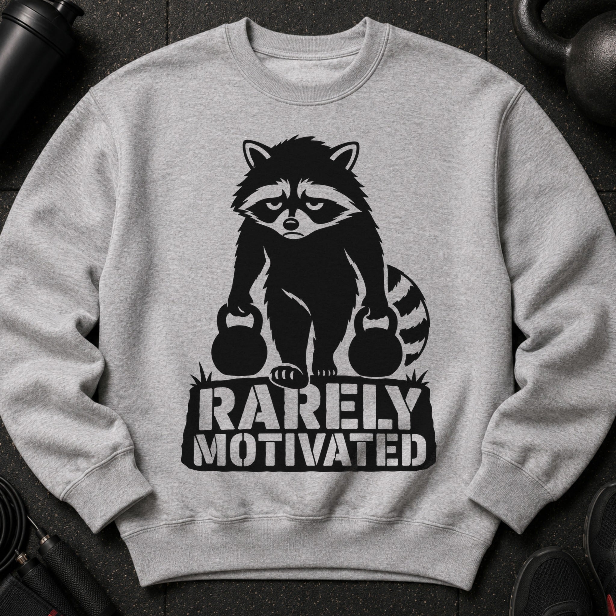 Raccoon lifting weights with "RARELY MOTIVATED" text on gray sweatshirt.