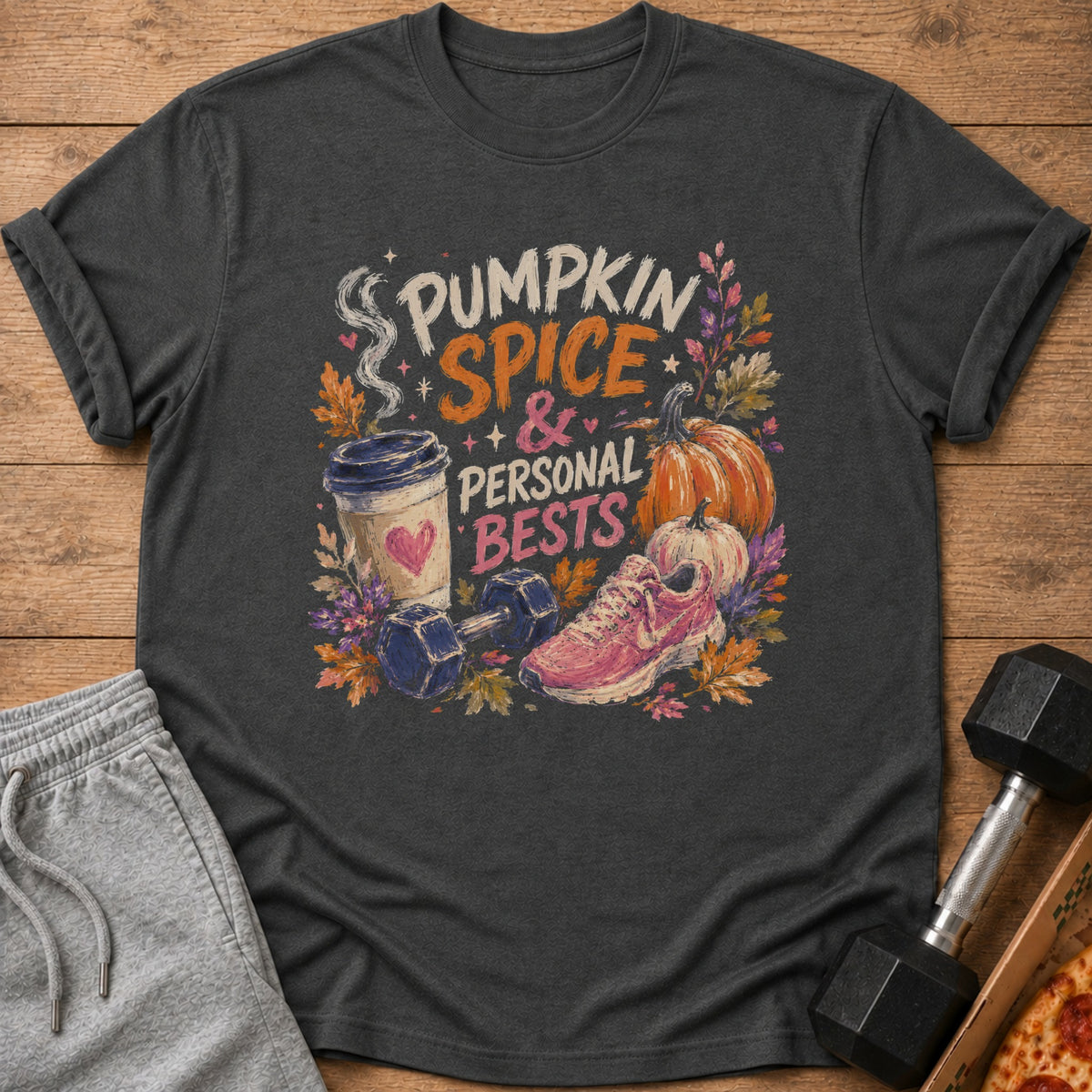 Dark gray t-shirt featuring a colorful graphic with text reading Pumpkin Spice and Personal Bests, surrounded by pumpkins, autumn leaves, a coffee cup, a dumbbell, and a sneaker.