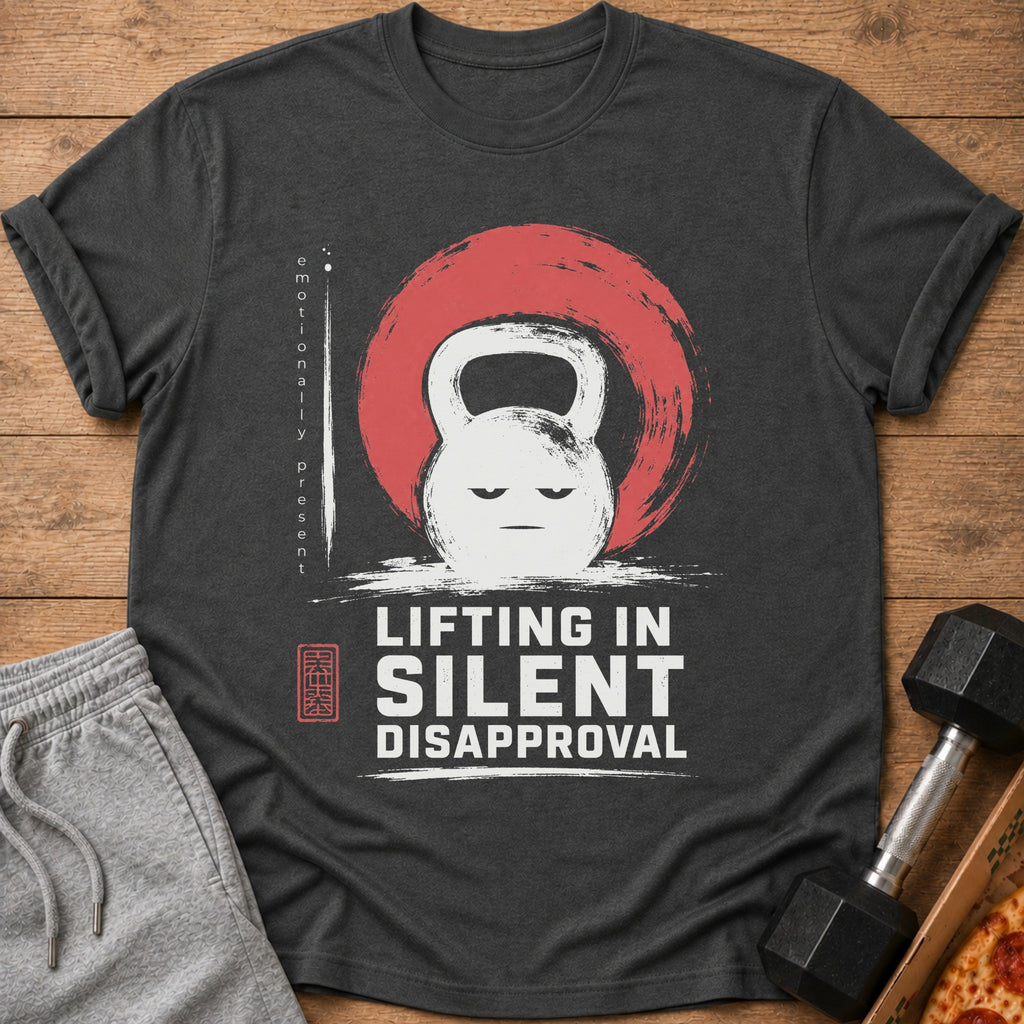 Dark t-shirt with a distressed graphic of a grumpy kettlebell and text "LIFTING IN SILENT DISAPPROVAL".