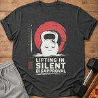 Dark t-shirt with a distressed graphic of a grumpy kettlebell and text "LIFTING IN SILENT DISAPPROVAL".
