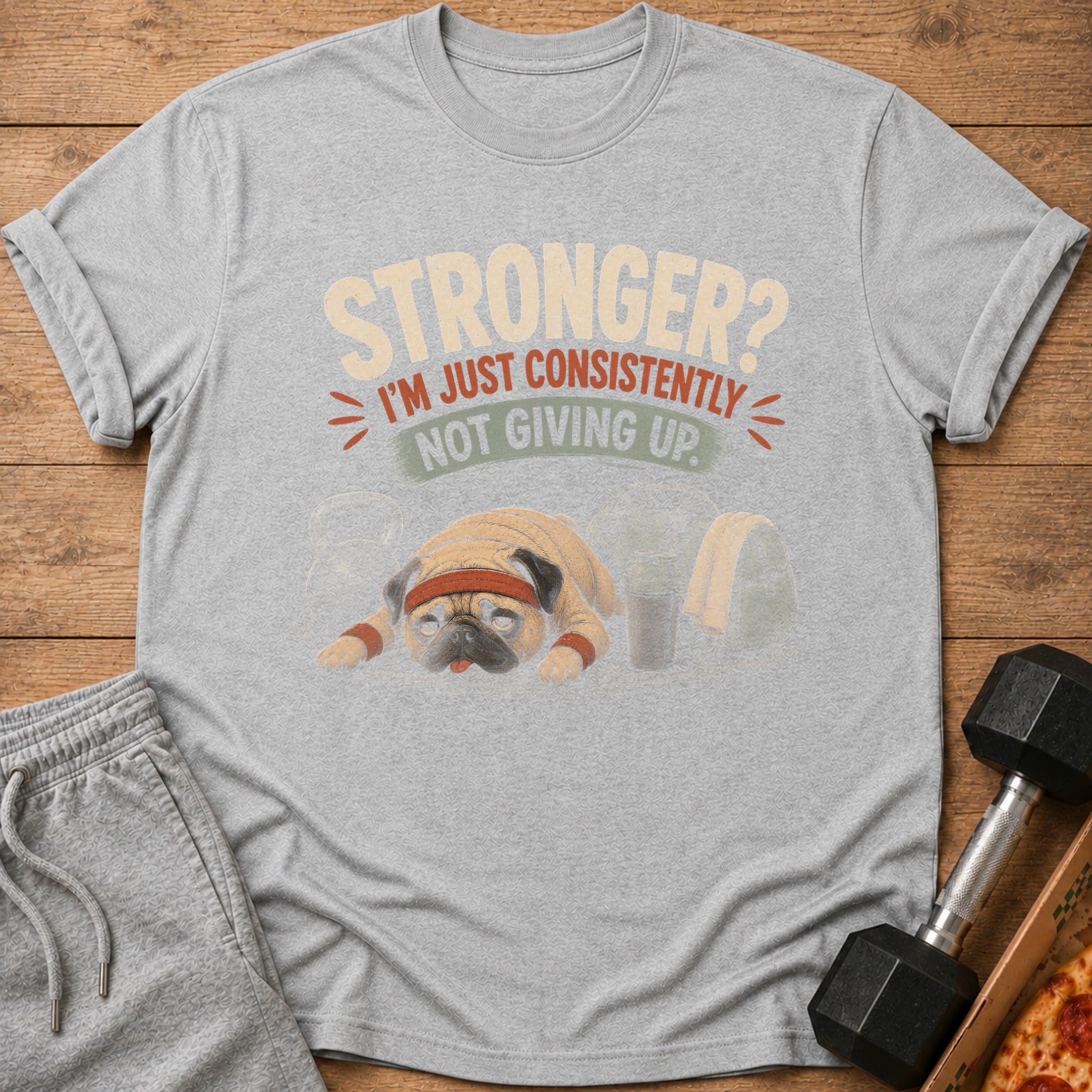 Grey t-shirt with a tired pug wearing a headband and wristbands, and text "Stronger? I'm just consistently not giving up."