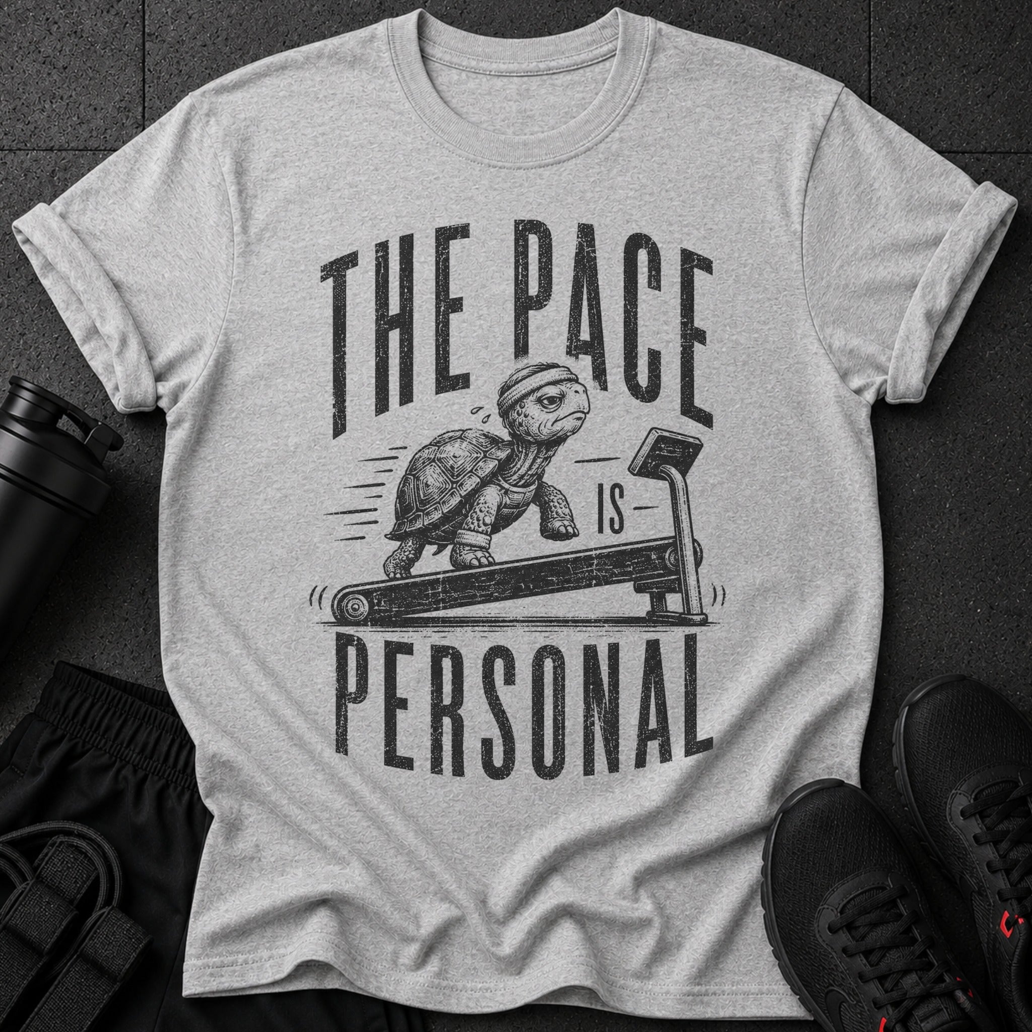Grey t-shirt with tortoise on treadmill graphic and text "THE PACE IS PERSONAL".