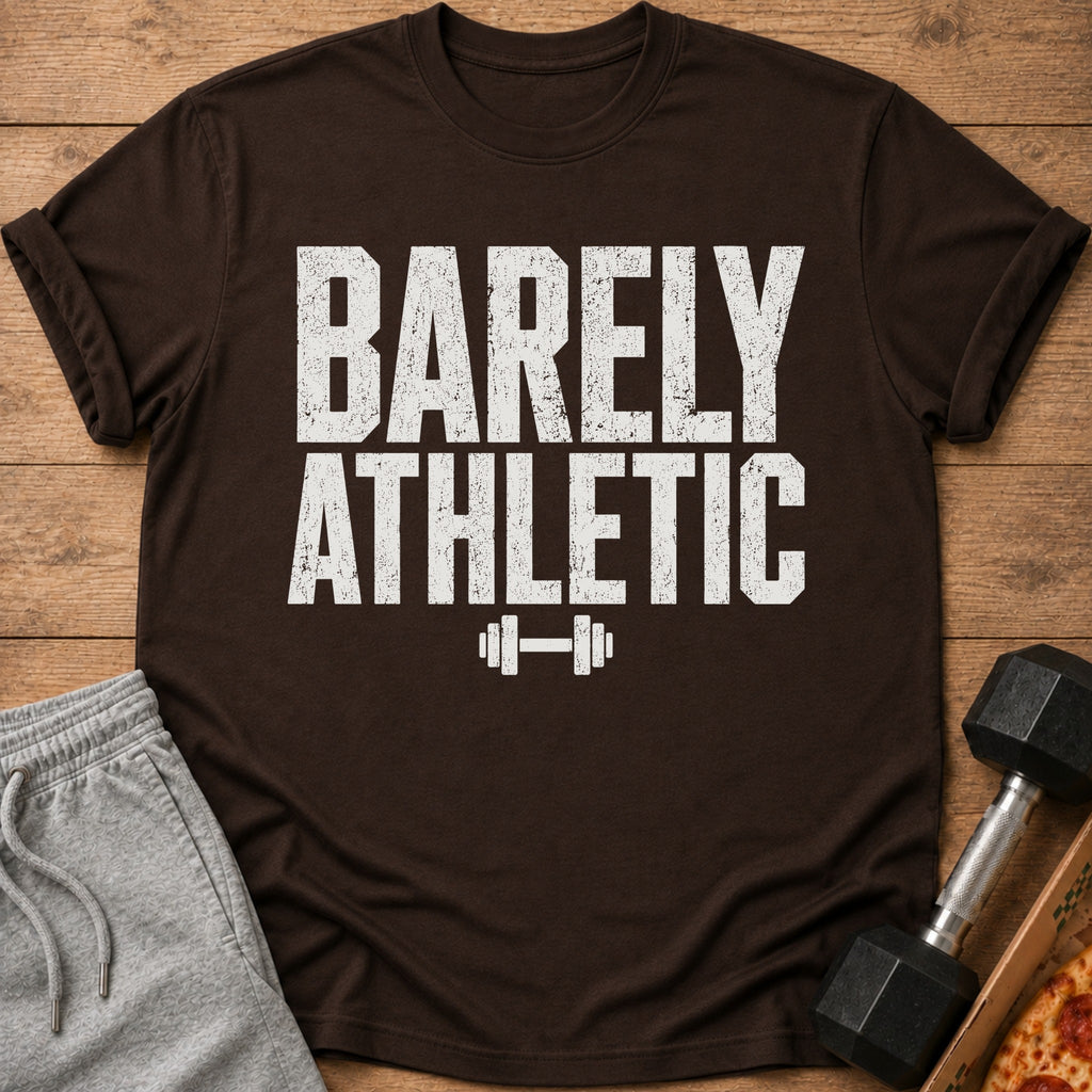 Brown t-shirt with "BARELY ATHLETIC" text and a dumbbell graphic.