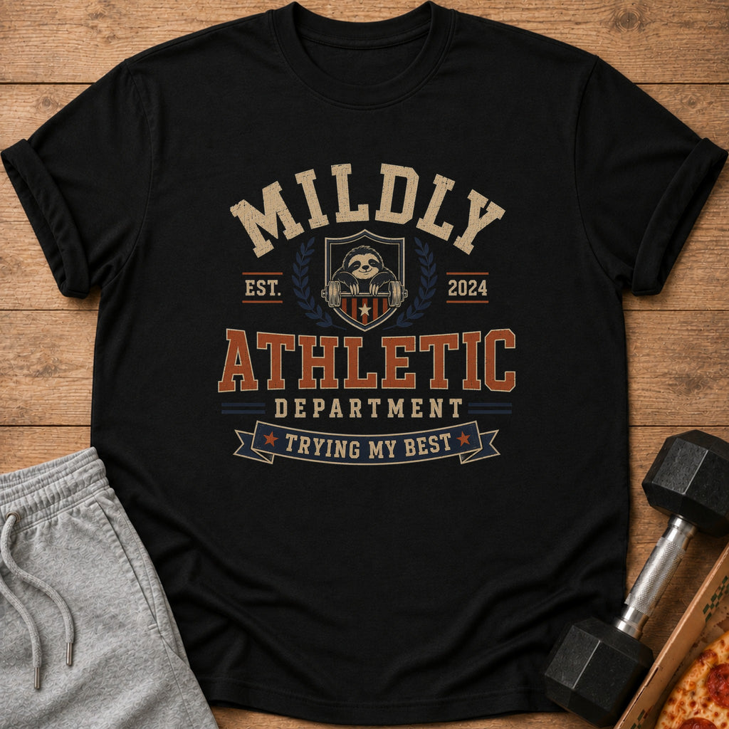 Black t-shirt with "MILDLY ATHLETIC DEPARTMENT TRYING MY BEST" graphic and a sloth.