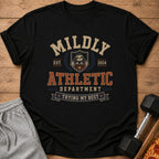 Black t-shirt with "MILDLY ATHLETIC DEPARTMENT TRYING MY BEST" graphic and a sloth.