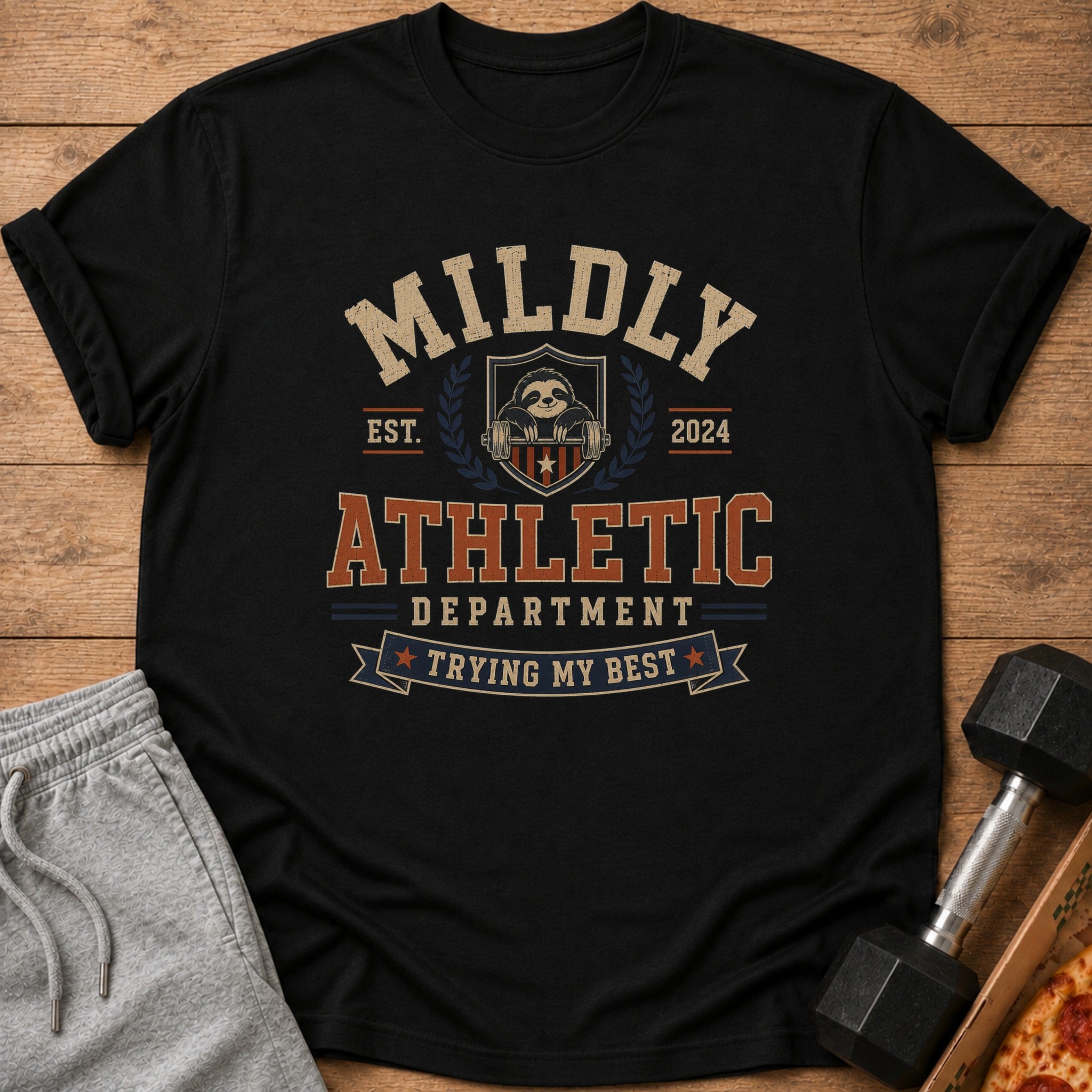 Black t-shirt with "MILDLY ATHLETIC DEPARTMENT TRYING MY BEST" graphic and a sloth.