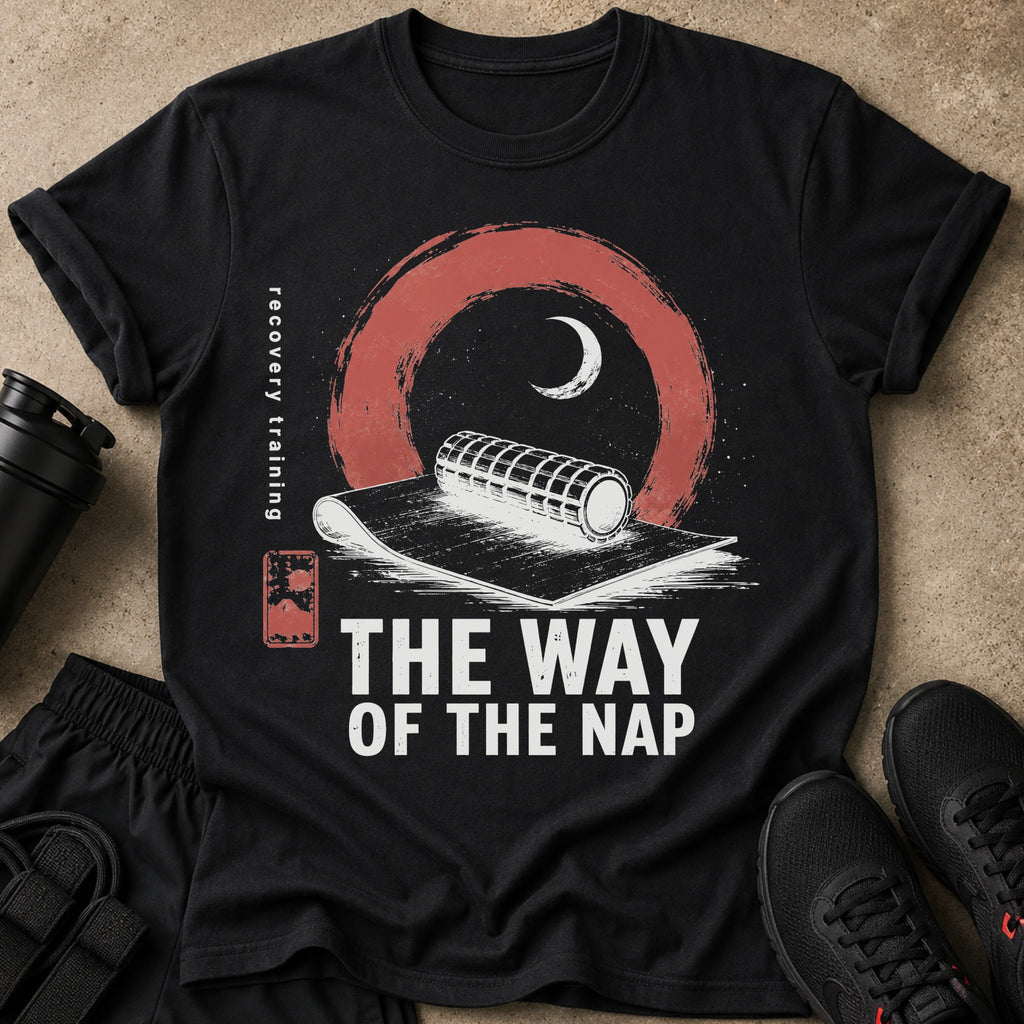 Black t-shirt with "THE WAY OF THE NAP" and "recovery training" text and a graphic.