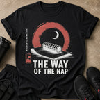 Black t-shirt with "THE WAY OF THE NAP" and "recovery training" text and a graphic.