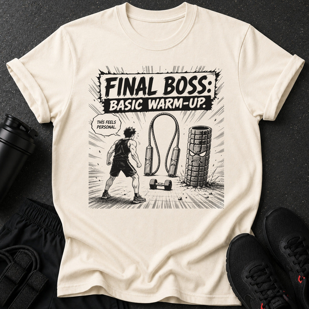 T-shirt graphic: "FINAL BOSS: BASIC WARM-UP." with an angry dumbbell and roller.