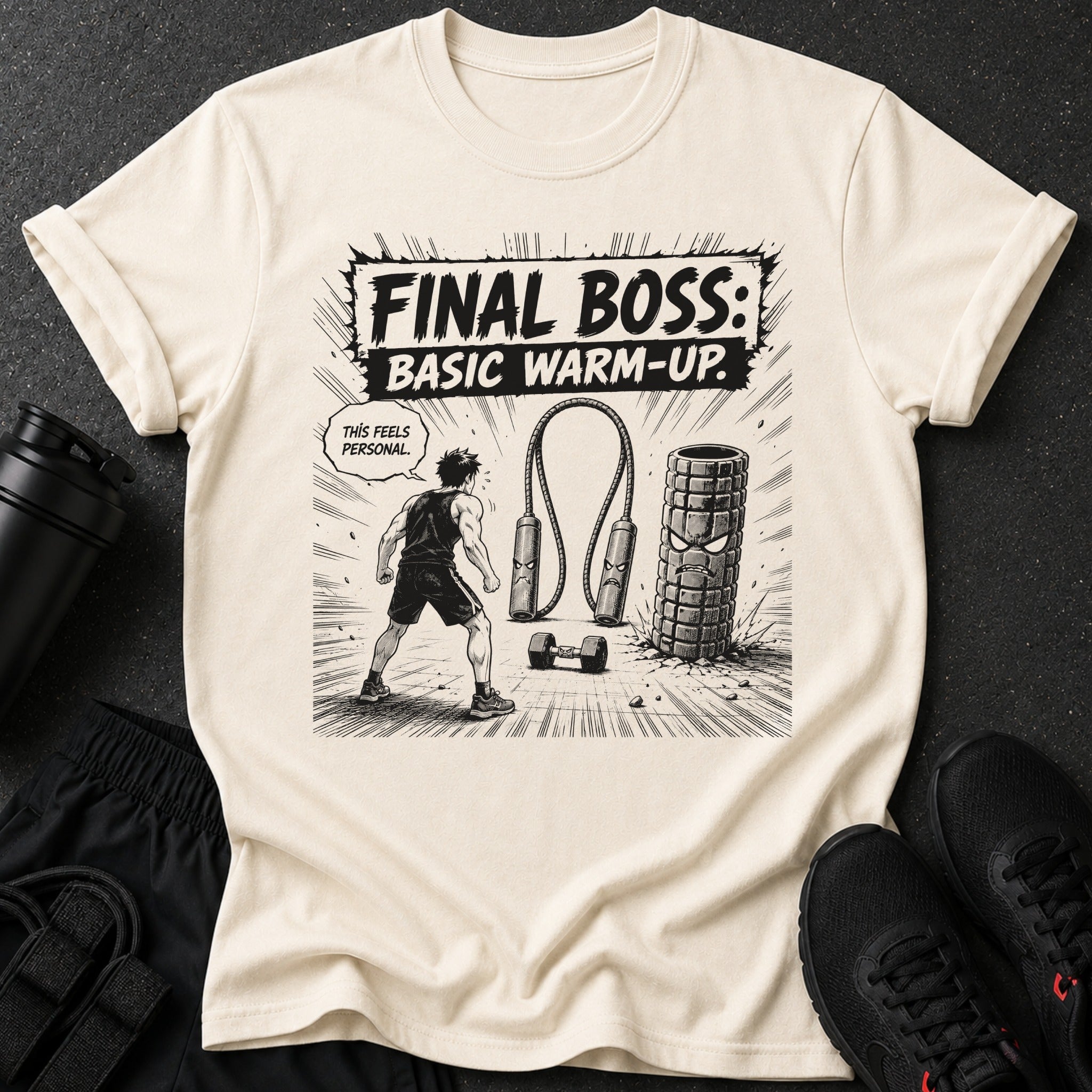 T-shirt graphic: "FINAL BOSS: BASIC WARM-UP." with an angry dumbbell and roller.