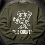 Green sweatshirt with a cartoon pizza slice lifting weights and the text "THIS COUNTS".