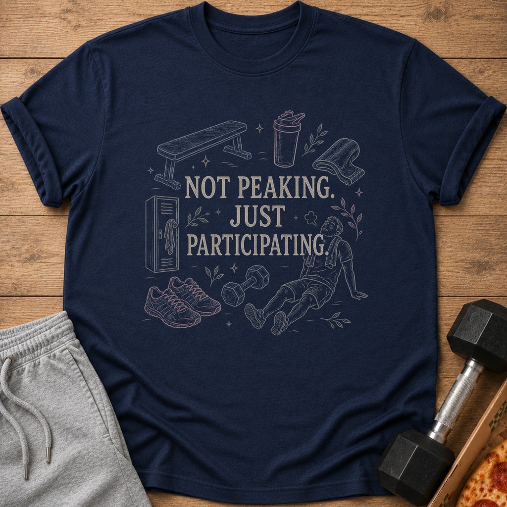 Navy t-shirt with gym icons and text "Not Peaking. Just Participating."