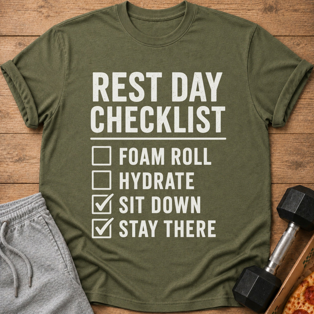 Green t-shirt with white text: "REST DAY CHECKLIST FOAM ROLL HYDRATE SIT DOWN STAY THERE."