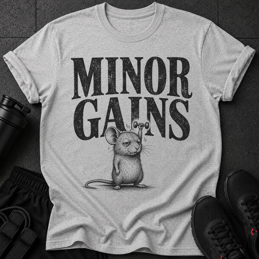 Grey t-shirt with text "MINOR GAINS" and a mouse lifting a dumbbell.