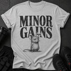 Grey t-shirt with text "MINOR GAINS" and a mouse lifting a dumbbell.