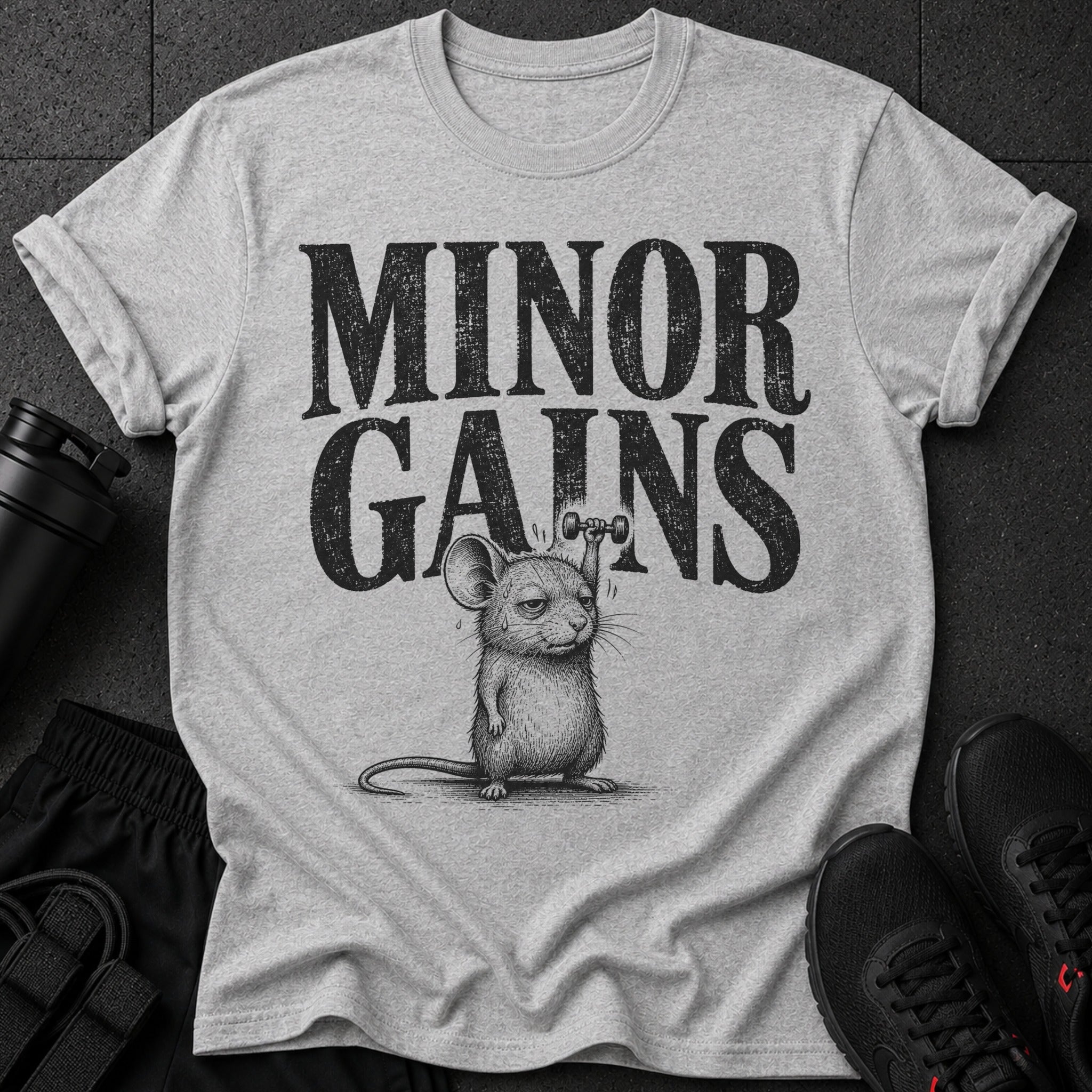 Grey t-shirt with text "MINOR GAINS" and a mouse lifting a dumbbell.