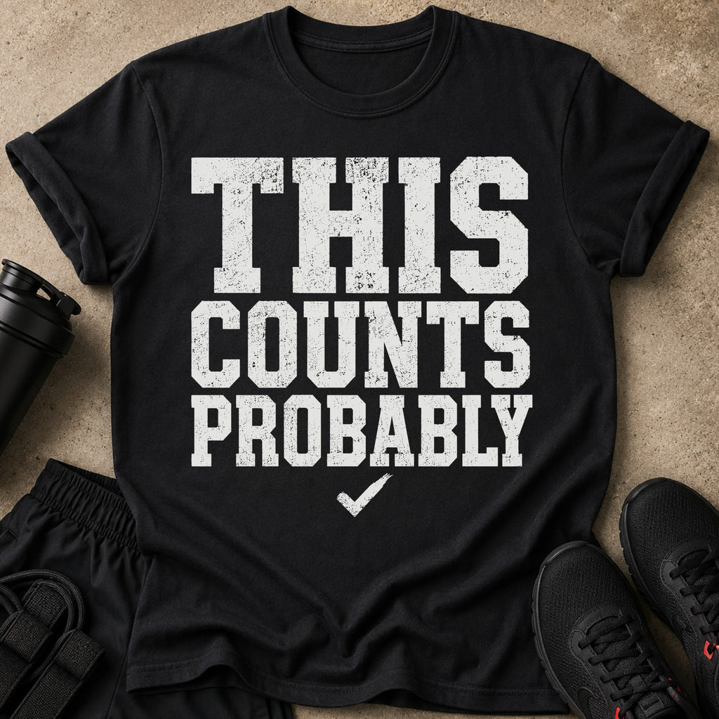Black t-shirt with white distressed text "THIS COUNTS PROBABLY" and a checkmark.