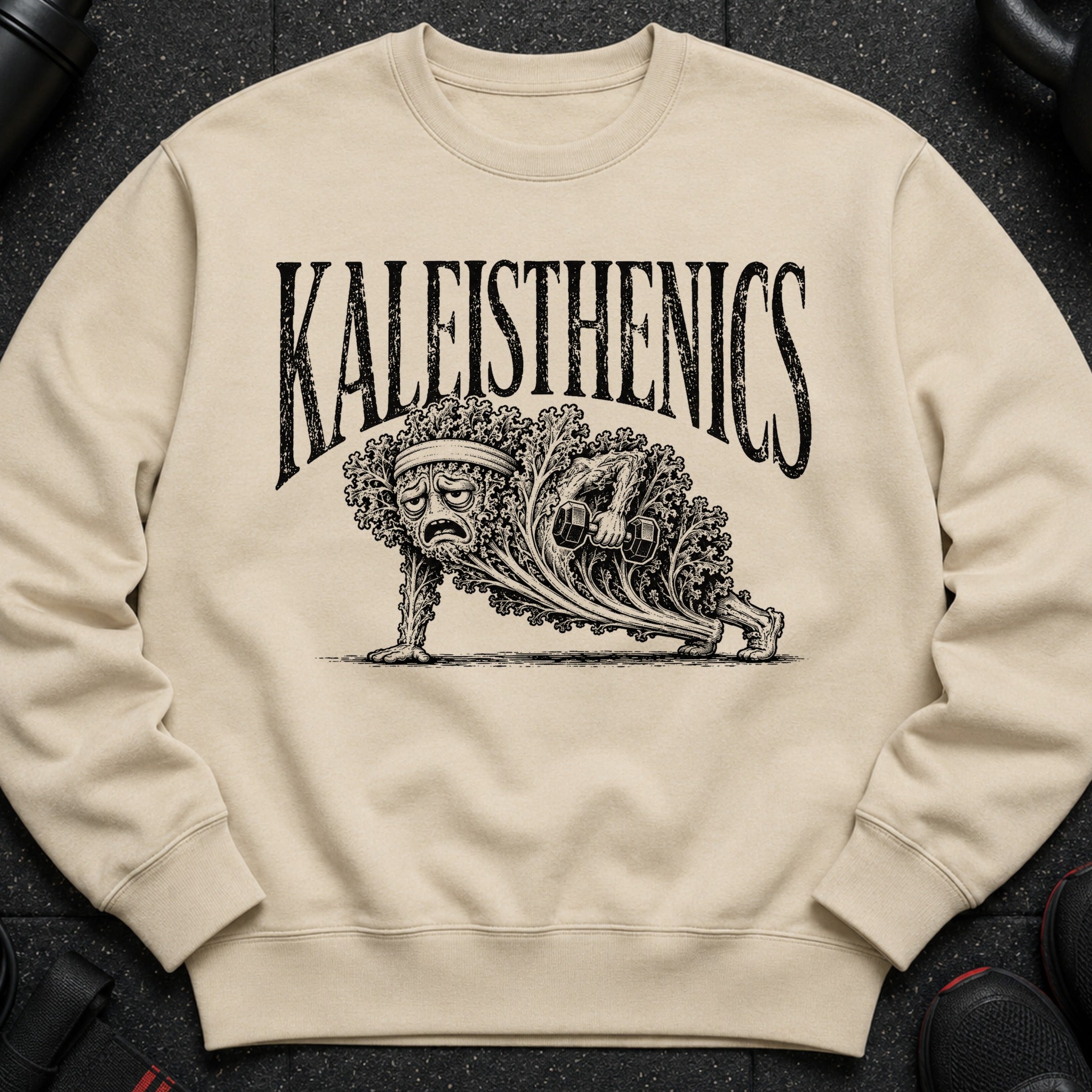 Light beige sweatshirt with black graphic text "KALEISTHENICS" and a kale character doing a plank.