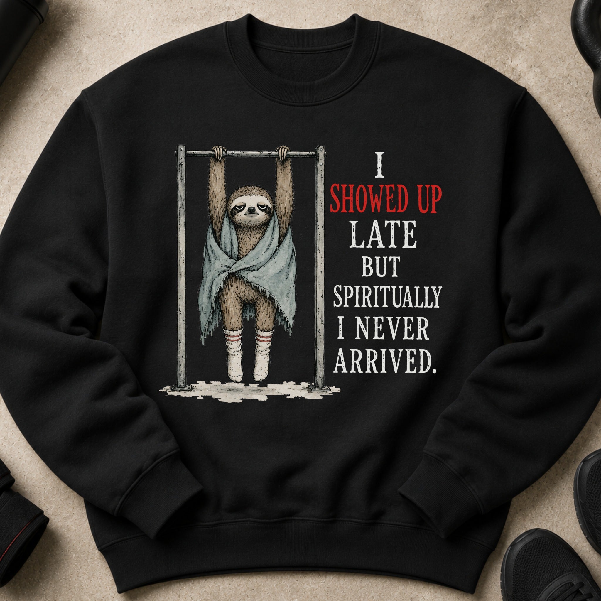 Black sweatshirt with sloth graphics and text: "I SHOWED UP LATE BUT SPIRITUALLY I NEVER ARRIVED."