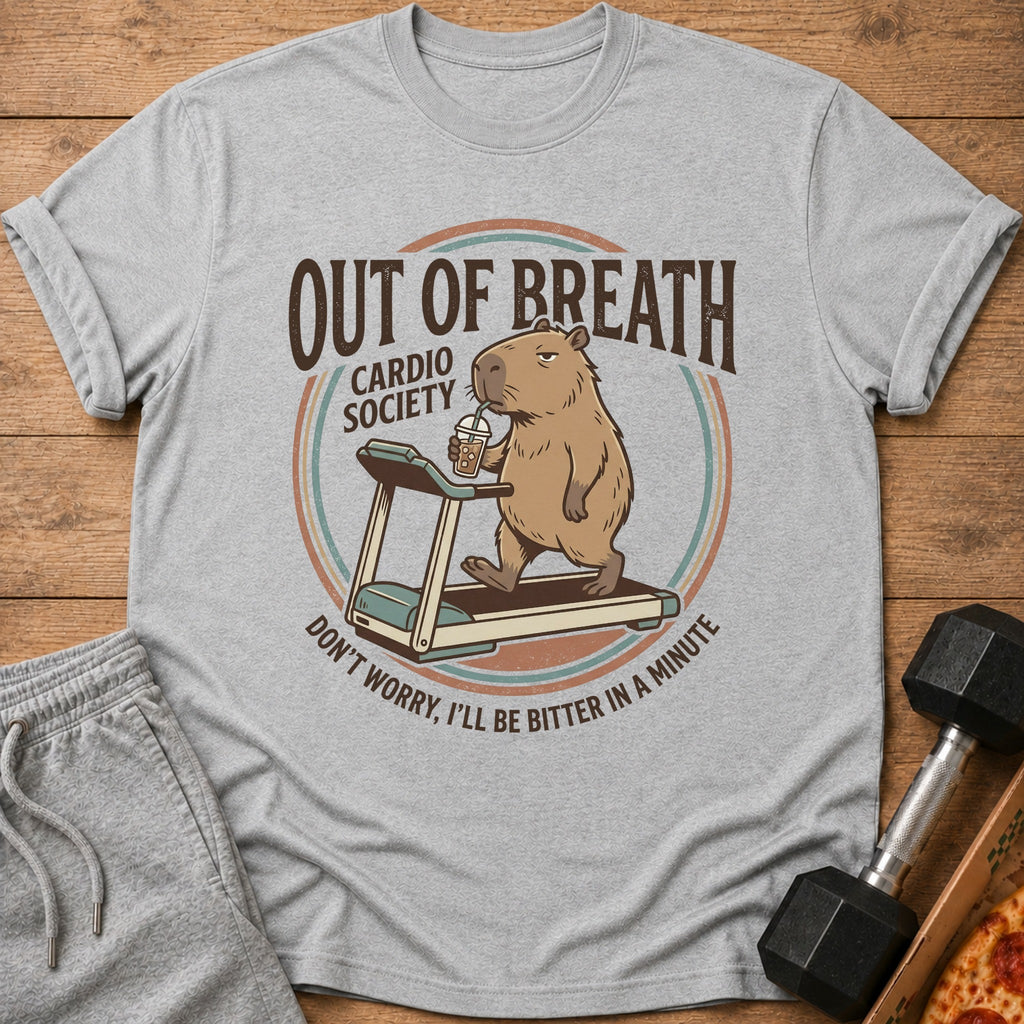 Capybara on treadmill with coffee, "Out of Breath Cardio Society" text.