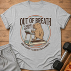 Capybara on treadmill with coffee, "Out of Breath Cardio Society" text.