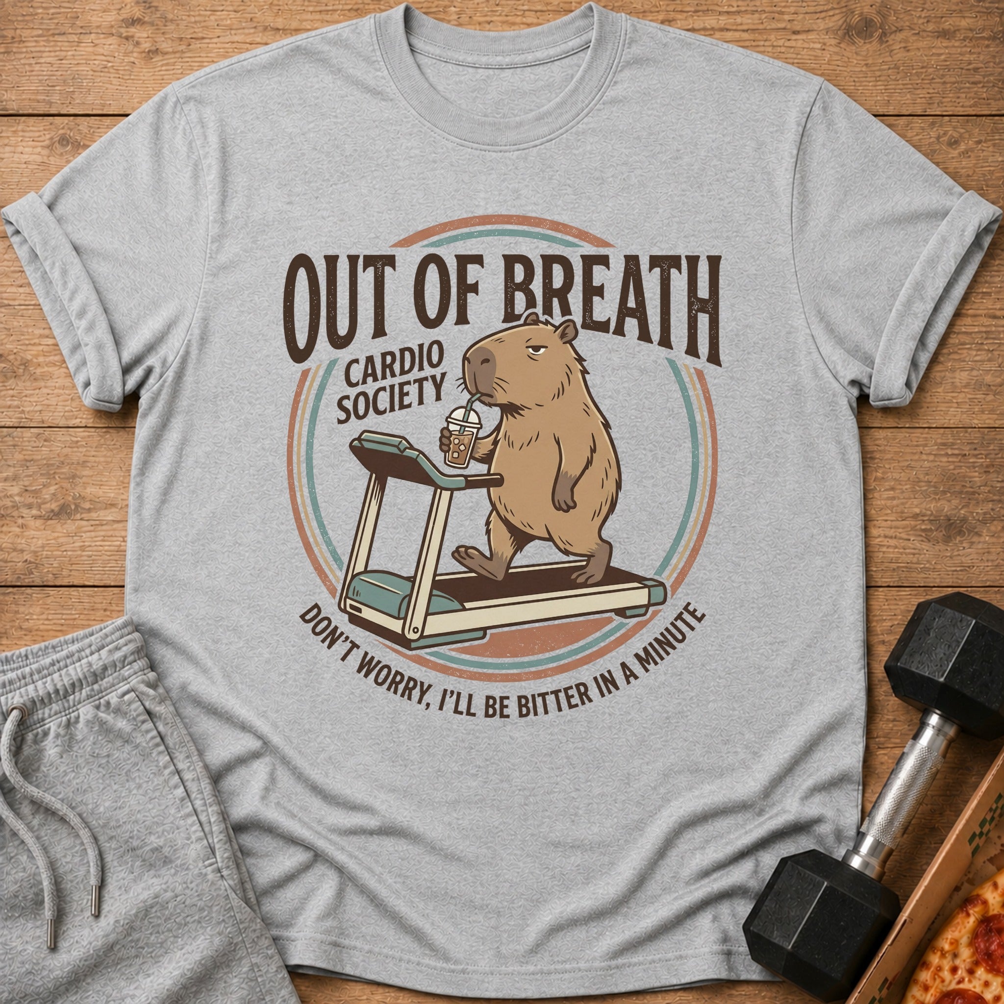 Capybara on treadmill with coffee, "Out of Breath Cardio Society" text.