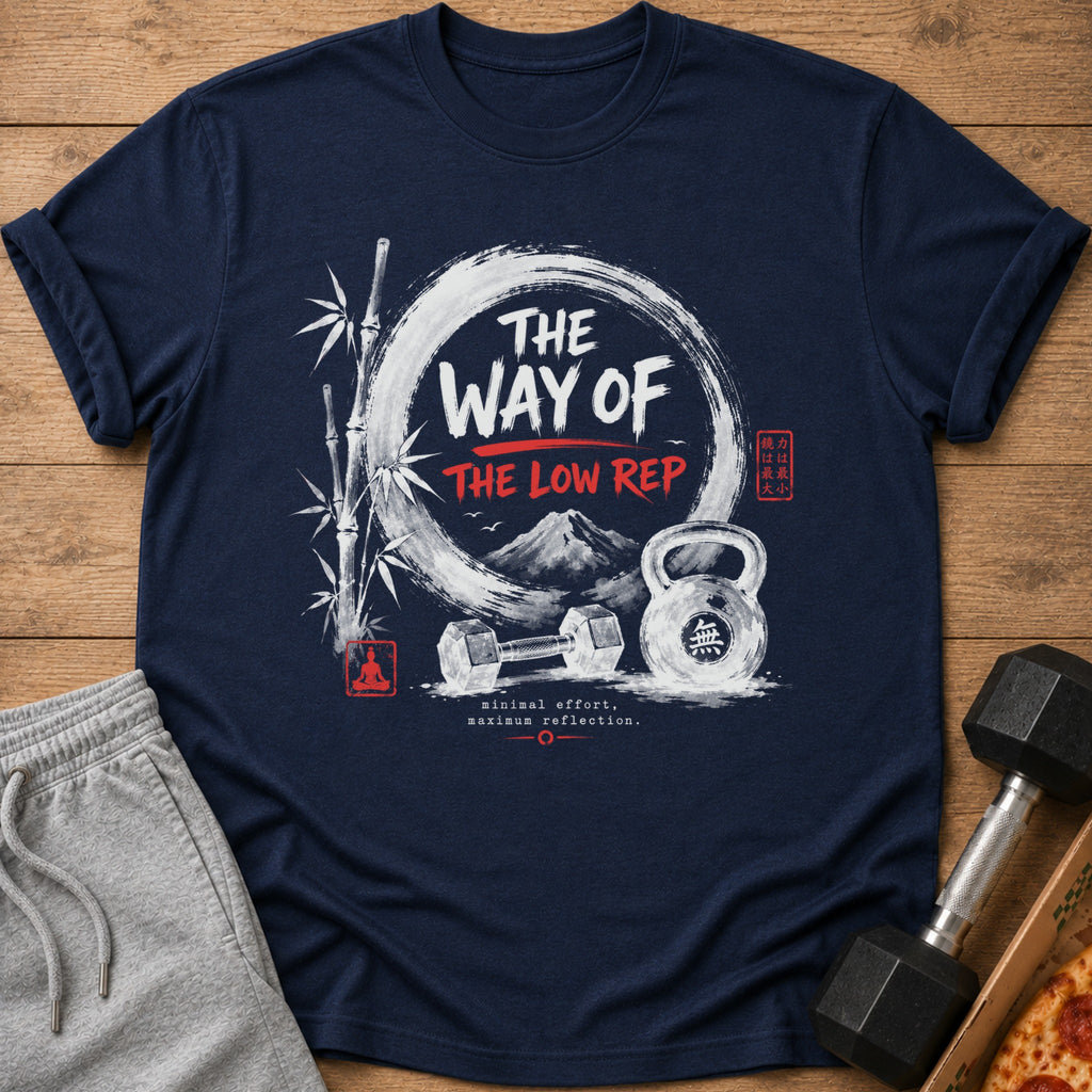 Dark blue t-shirt with "The Way of The Low Rep" Japanese-inspired graphic.