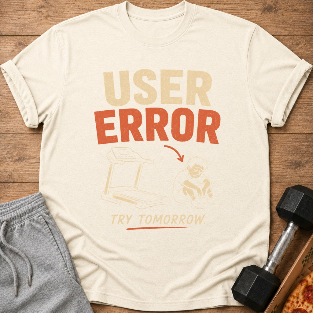 T-shirt with "USER ERROR" text, a treadmill, and a person sitting down, with "TRY TOMORROW" text.