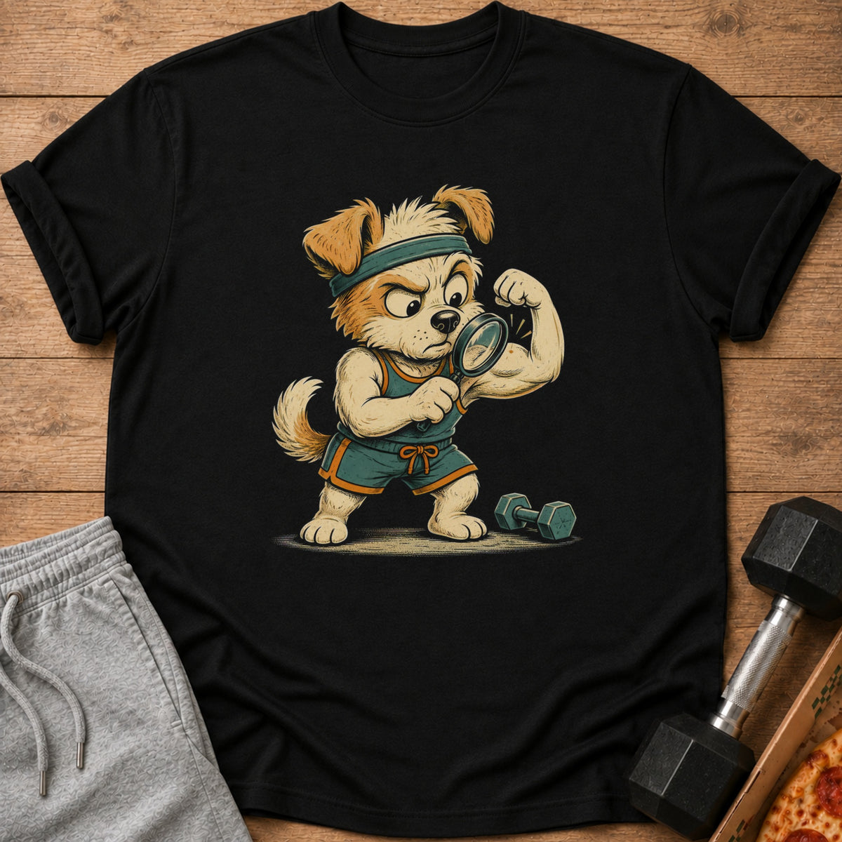 Cartoon dog in gym clothes inspecting bicep with magnifying glass and dumbbell.