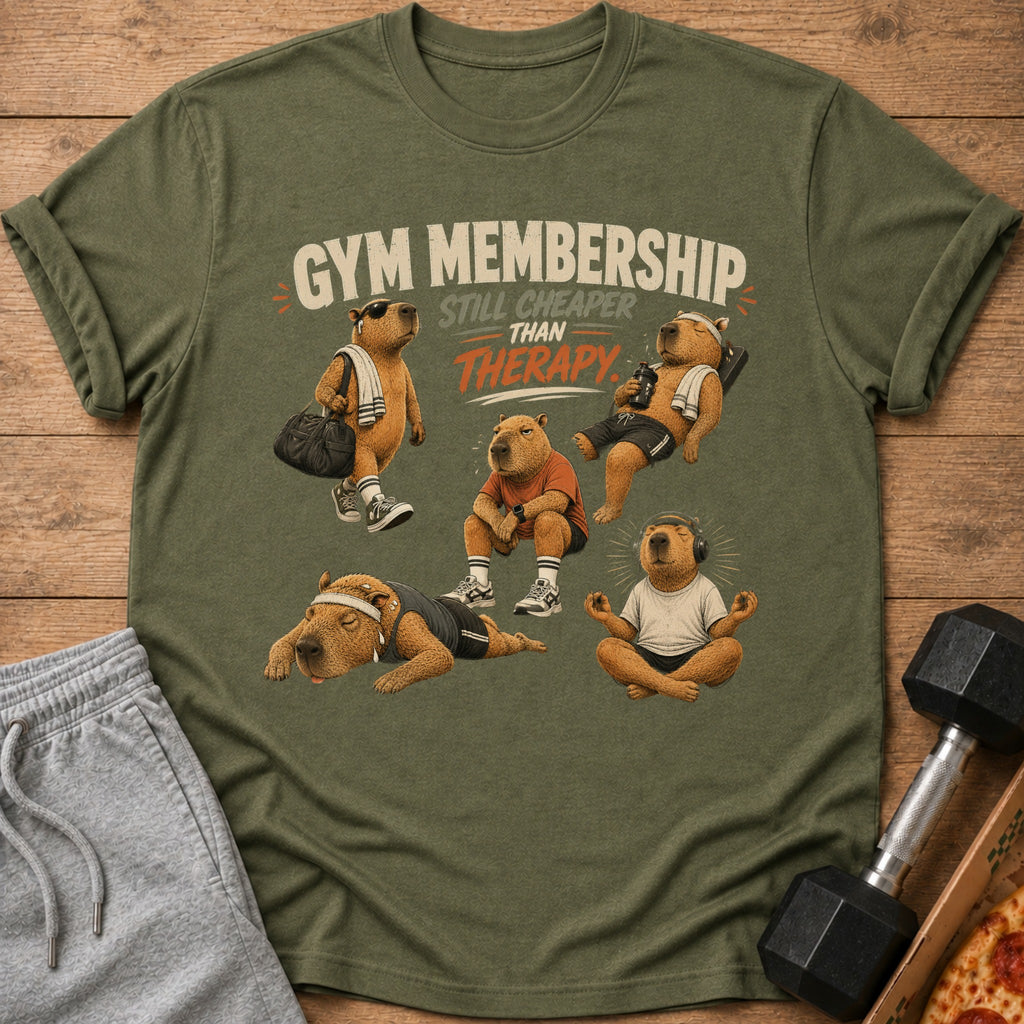 T-shirt graphic with capybaras at the gym and text "Gym Membership Still Cheaper Than Therapy."
