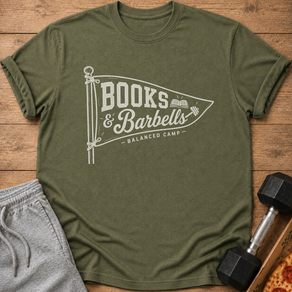 Olive green t-shirt with "BOOKS & Barbell - BALANCED CAMP" graphic on a pennant.