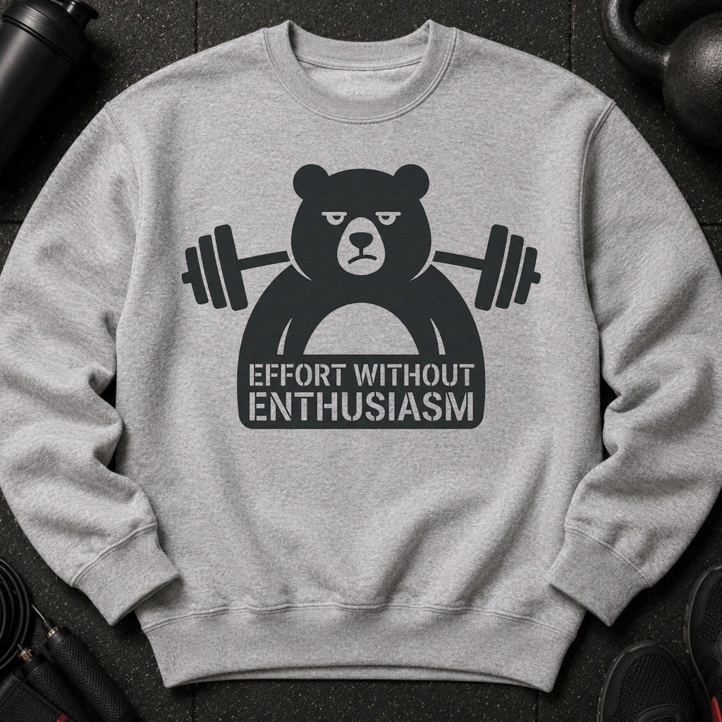 Grey sweatshirt with a black graphic of a bear lifting weights and text.