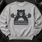 Grey sweatshirt with a black graphic of a bear lifting weights and text.