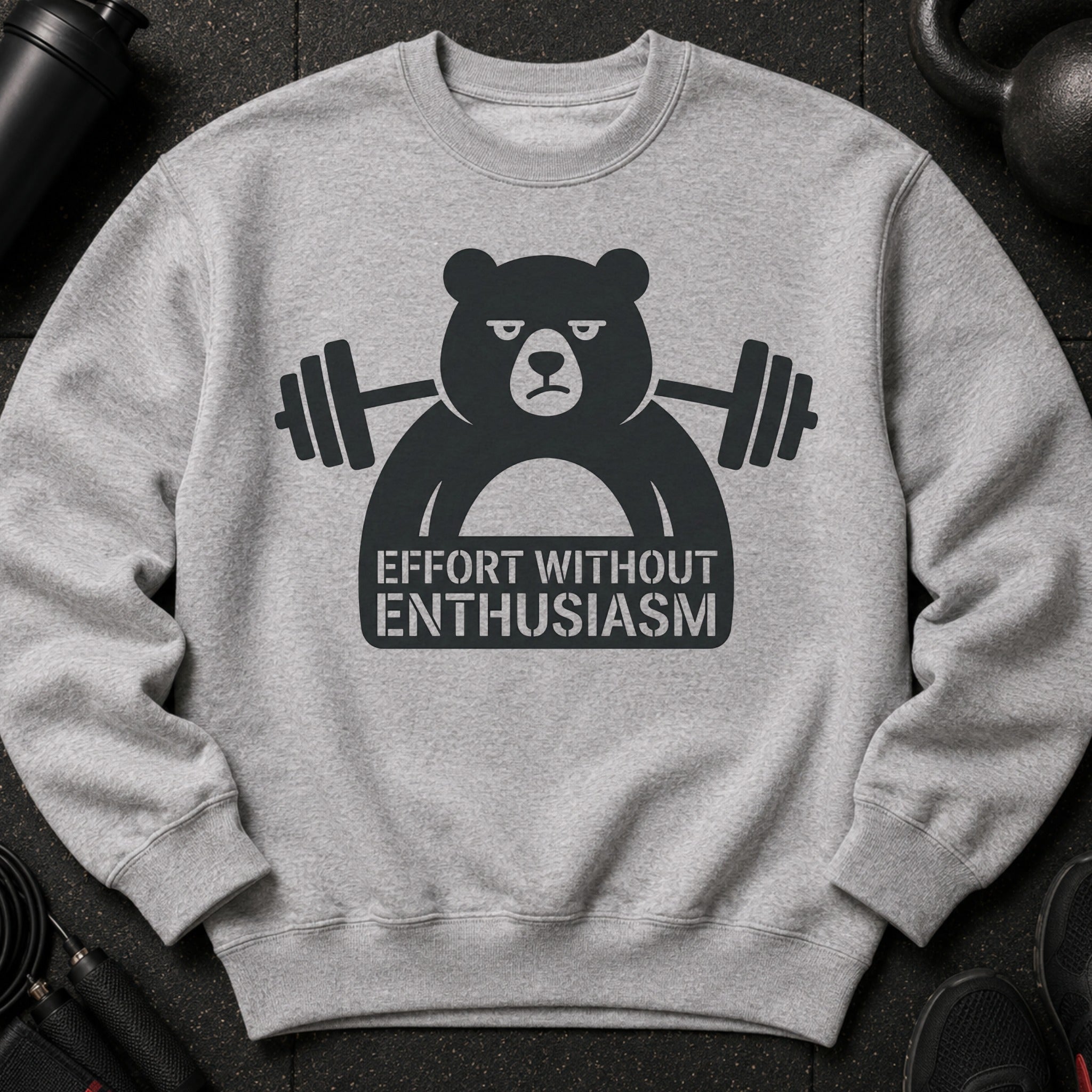 Grey sweatshirt with a black graphic of a bear lifting weights and text.