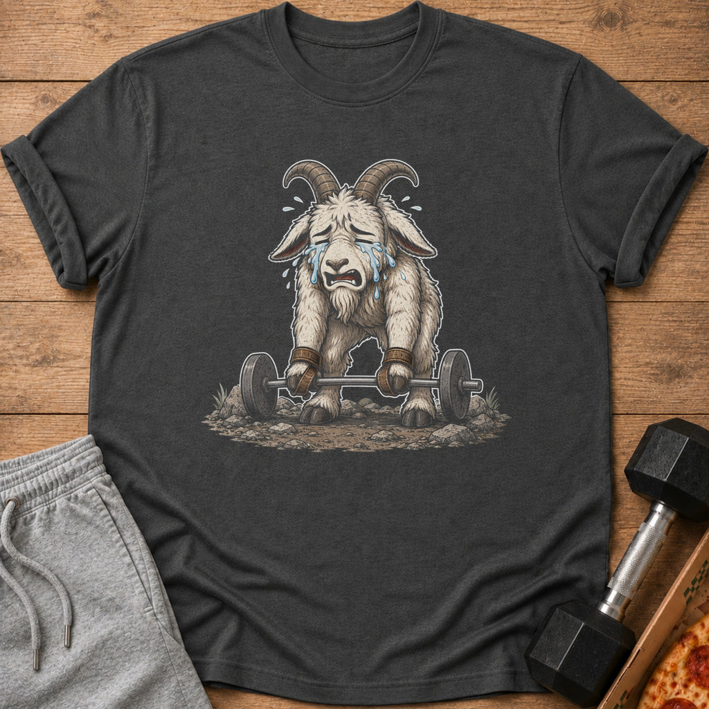 T-shirt graphic of a crying goat lifting a barbell with dumbbells and pizza nearby.