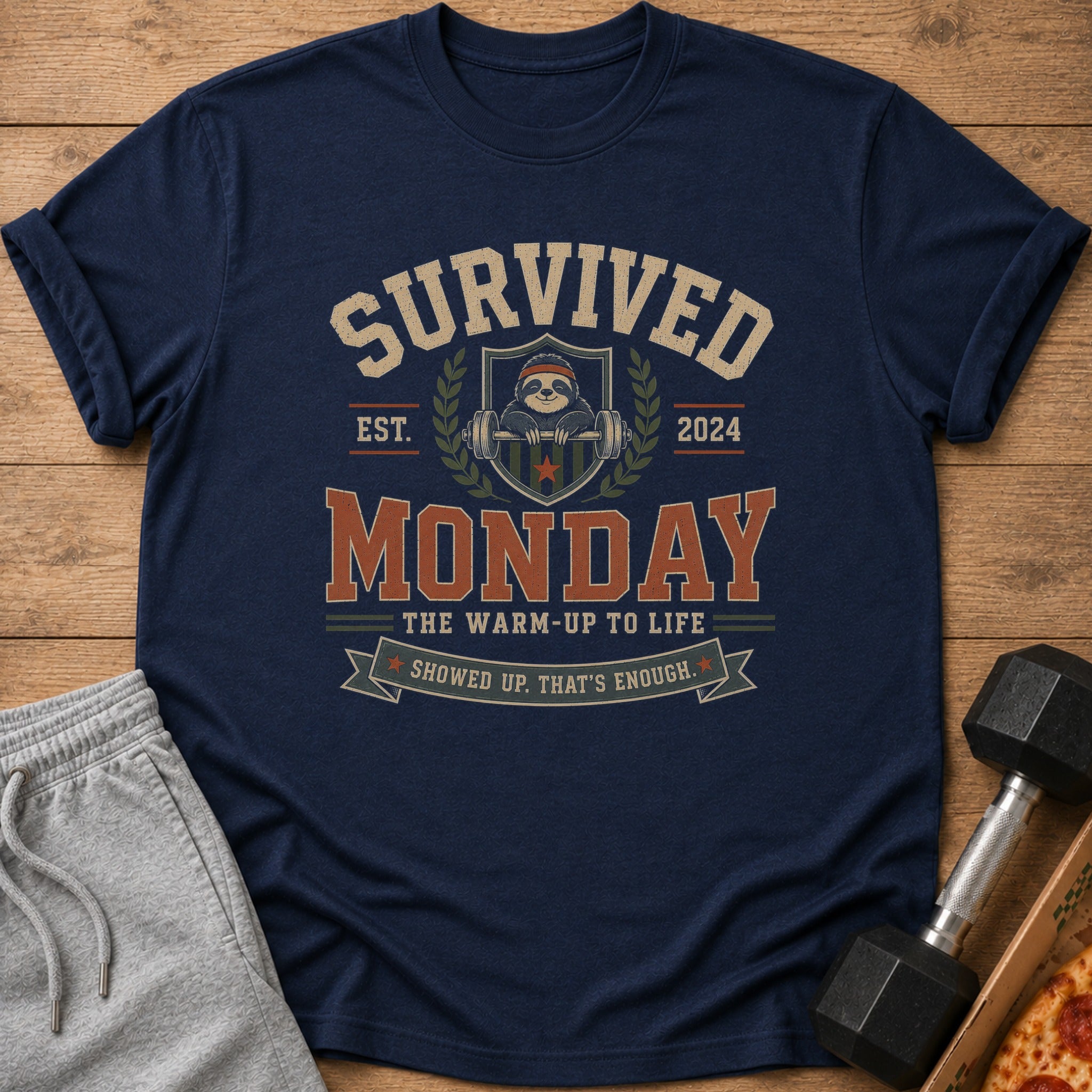 Dark blue t-shirt with "Survived Monday" and a sloth lifting weights graphic.