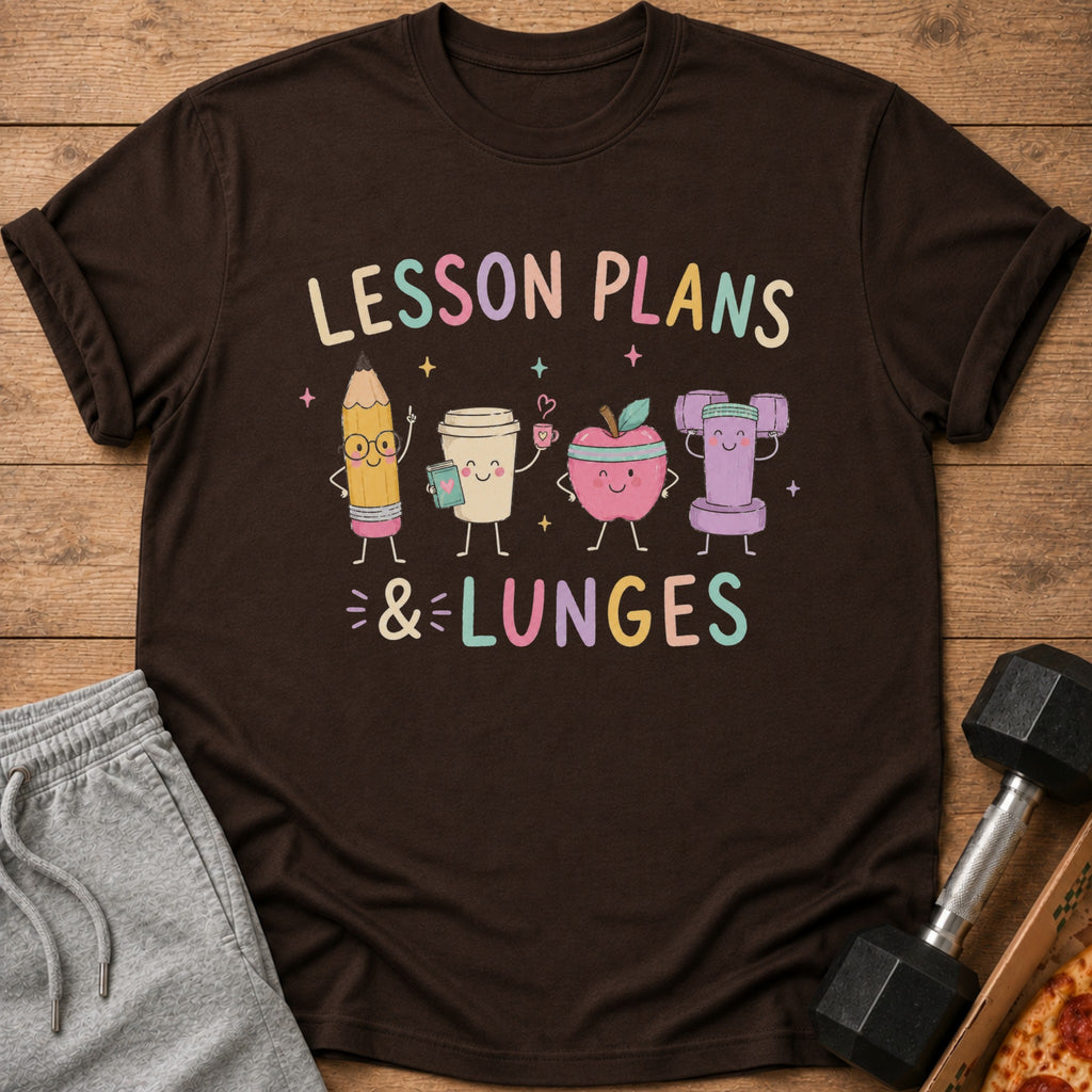 Brown t-shirt with cartoon pencil, coffee cup, apple, and dumbbell with "LESSON PLANS & LUNGES" text.