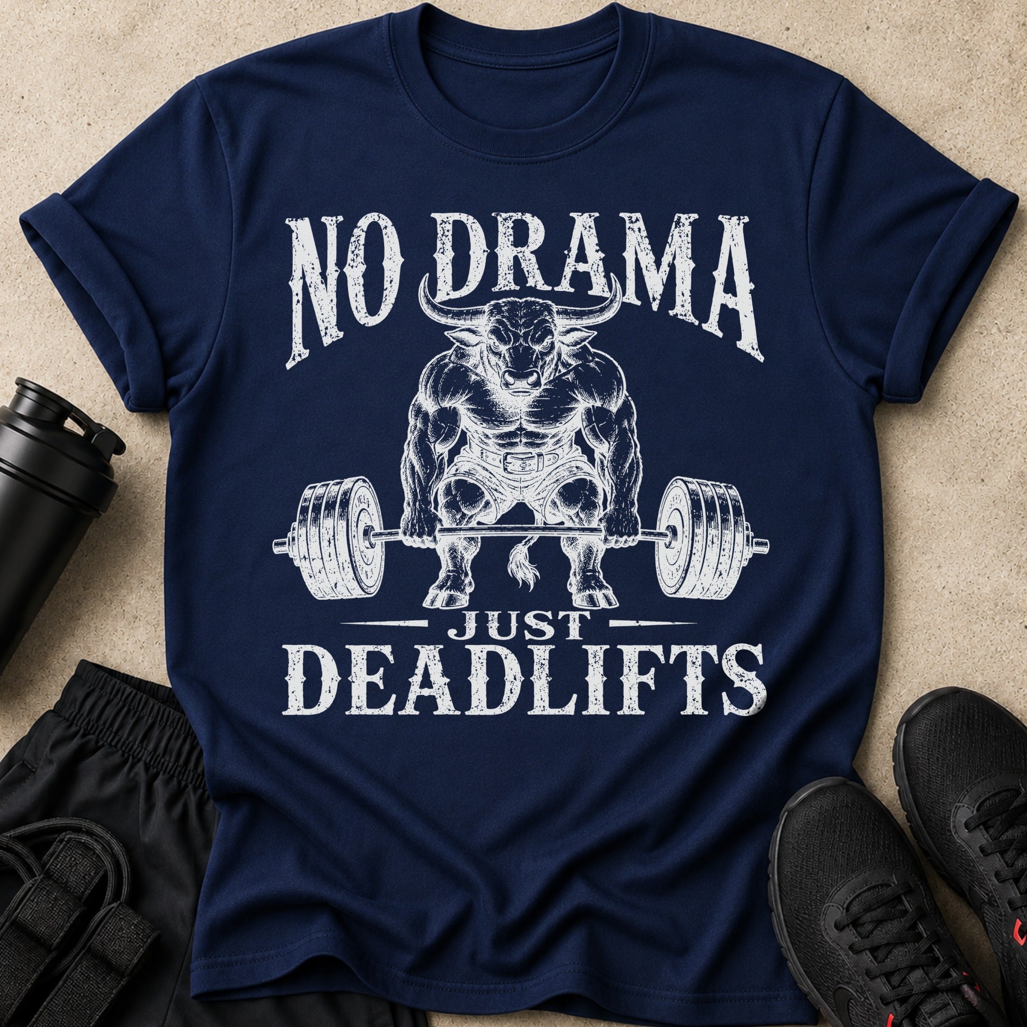 Navy t-shirt with "NO DRAMA JUST DEADLIFTS" text and a muscular bull lifting weights.
