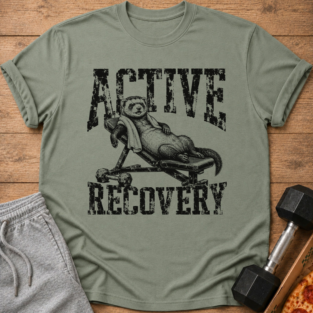 T-shirt with a ferret on a weight bench, text reads "ACTIVE RECOVERY".