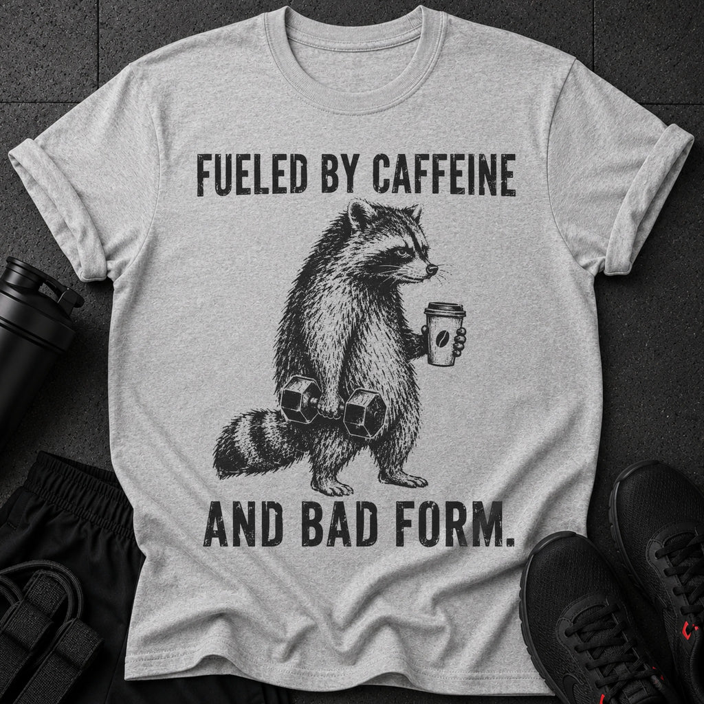 Grey t-shirt with raccoon graphic and text "Fueled by caffeine and bad form."
