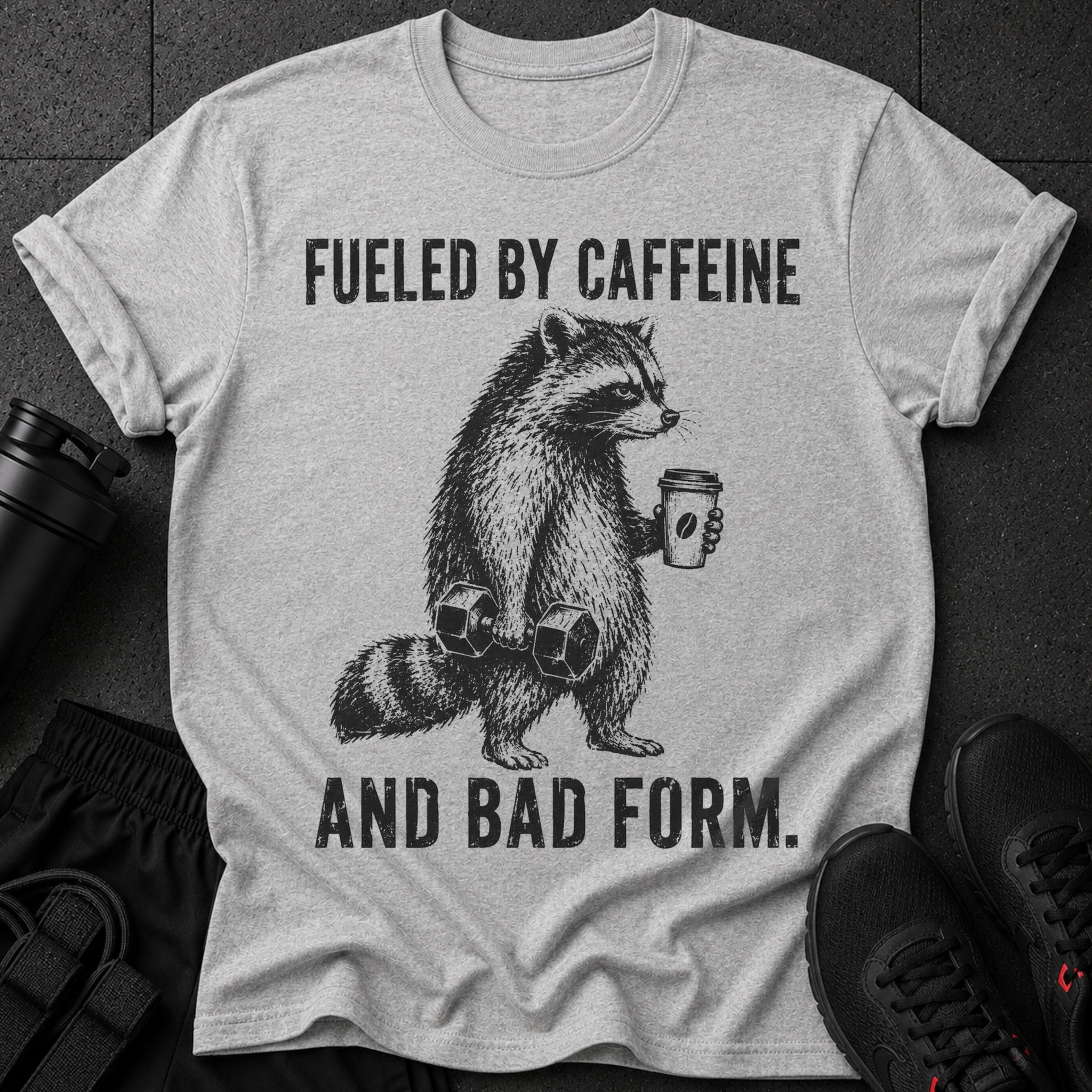 Grey t-shirt with raccoon graphic and text "Fueled by caffeine and bad form."