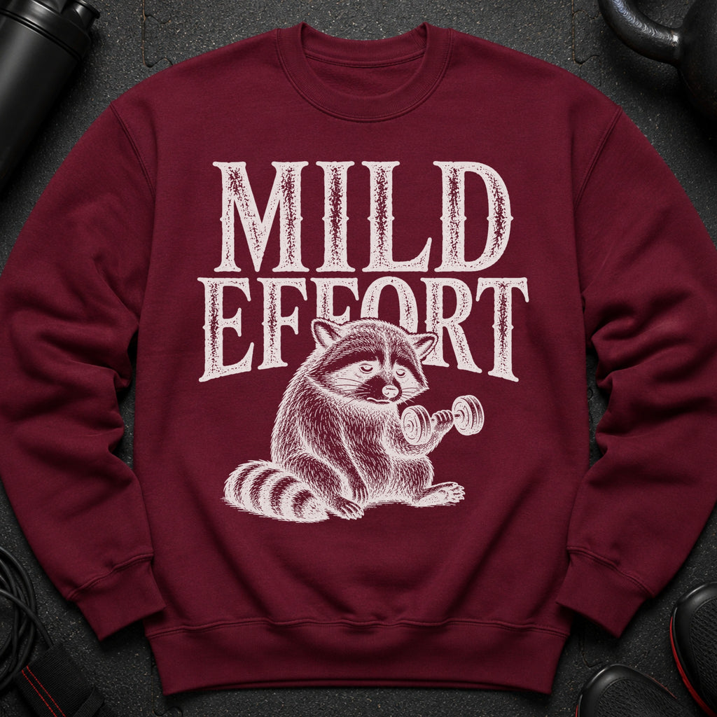 Maroon sweatshirt with white text and sketch-style raccoon lifting dumbbell.