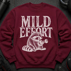 Maroon sweatshirt with white text and sketch-style raccoon lifting dumbbell.