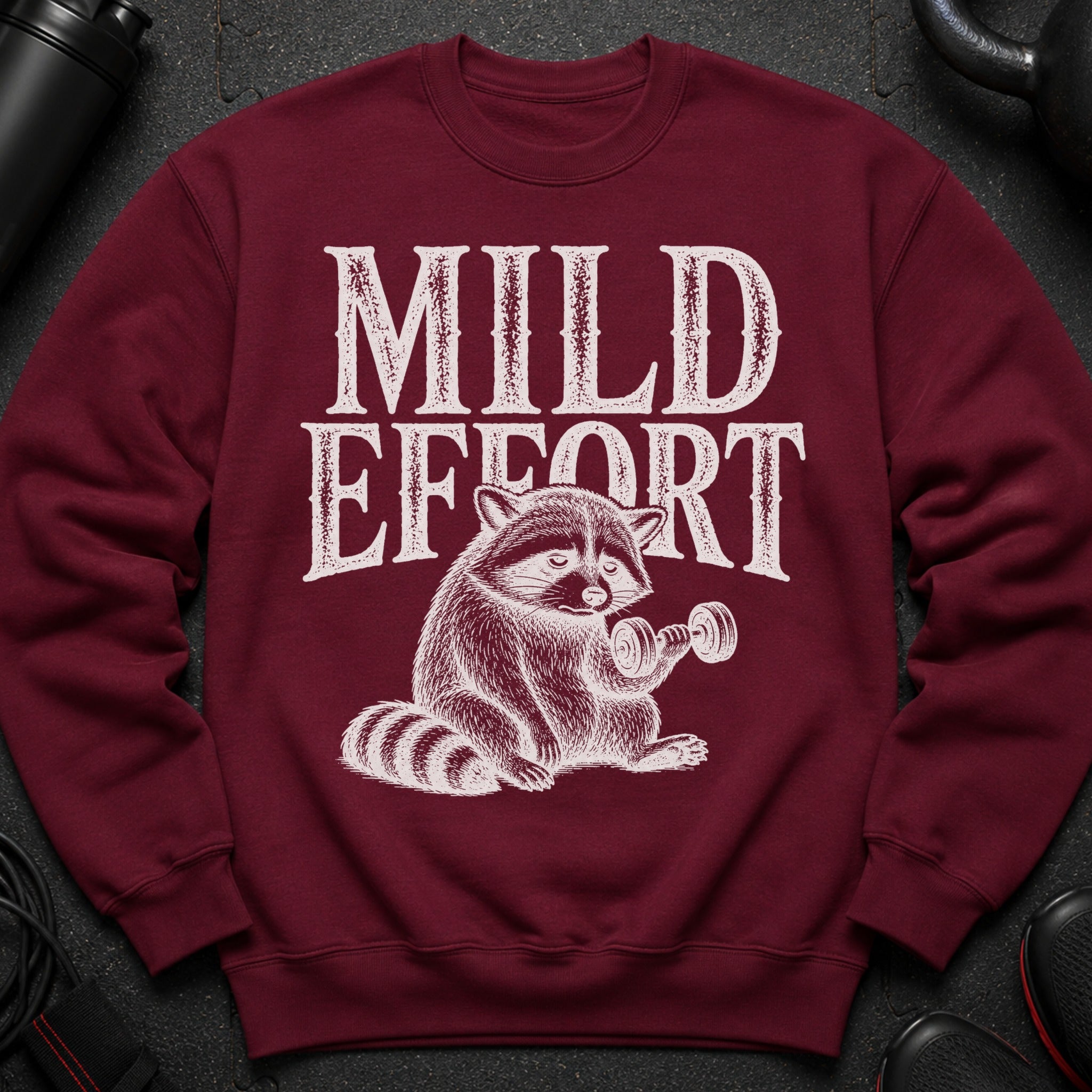 Maroon sweatshirt with white text and sketch-style raccoon lifting dumbbell.